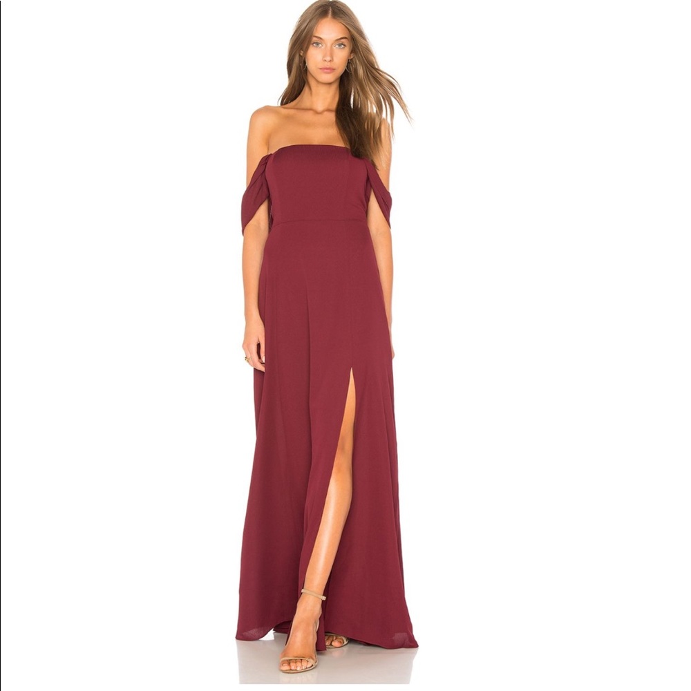JOA front slit off the shoulders burgundy dress
